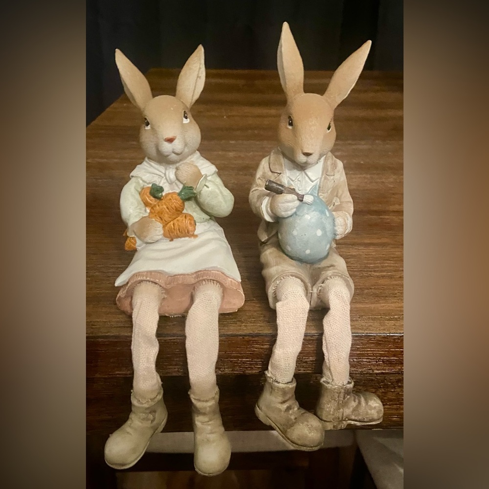 Pair of boy & girl brown clothed rabbit shelf sitters Easter Springtime Decor